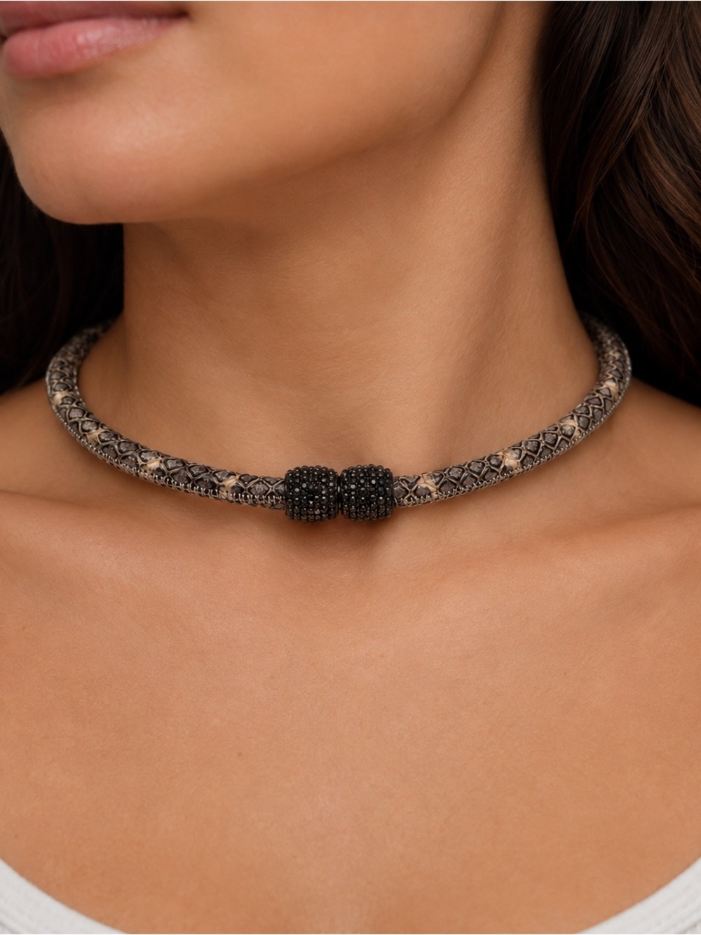 Boho Beads Snakeskin Print Choker Necklace with Black Crystal Magnetic Clasp